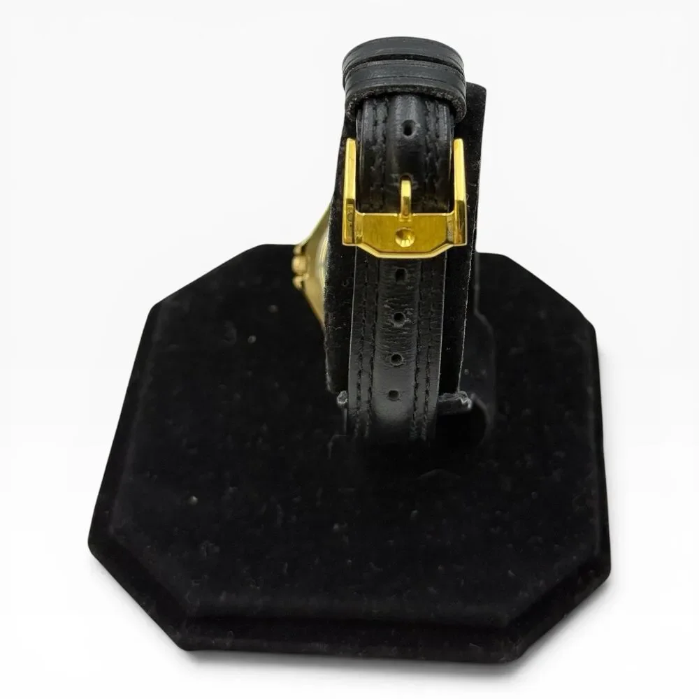 Movado Museum Women Quartz Watch 87 E4 0823 Gold Plated Black Leather Swiss Made